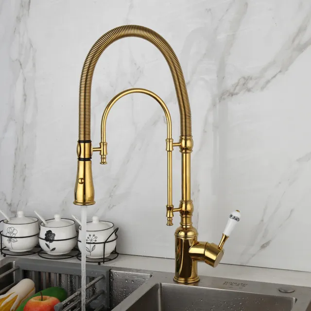 Kitchen Gold  Swivel Spout Spring Pull Down Spray Sink Mixer Tap Faucet Deck