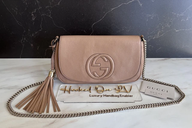 Authentic Gucci Soho Beige Tan Chain Crossbody Shoulder Handbag Pebbled Leather