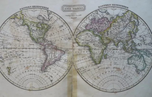 World Map in Double Hemispheres Australia 1824 Cummings Hilliard scarce map
