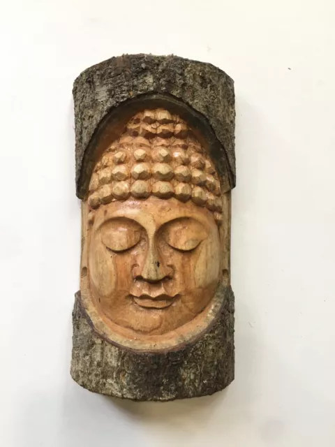 WOODEN BUDDHA WALL HANGING PLAQUE TREE LOG Statue Figure HAND CARVED GARDEN 20cm