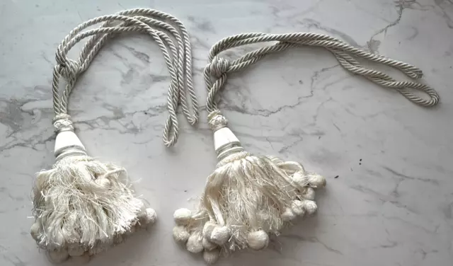 French Rope Tassel Curtain Drapery Tie Back Champagne White (Set of 2) Vintage