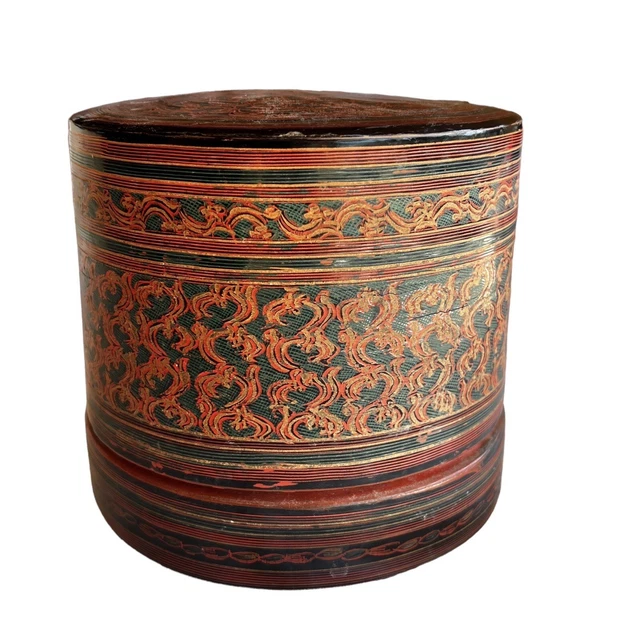 Burmese Lacquer Betel Nut Leaf Box 2 Pc Kunit Asian Antique Hand Painted Burma