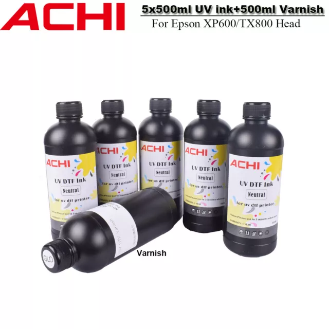 ACHI 5X500ml UV INK For EPSON 1390/L1800/XP600 UV Printer & 500ml Varnish CMYKWV