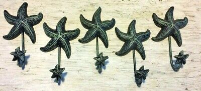SET OF 5 ANTIQUE BLUE GRAY STARFISH HOOKS ocean star fish seashell beach 6" in