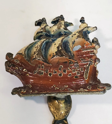 Small Victorian Antique Cast Brass Hand Painted Ship Door Knocker Red Blue