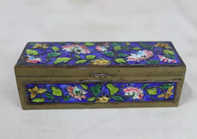 Antique Chinese Enameled Brass Floral Design Trinket Jewelry Incense Box