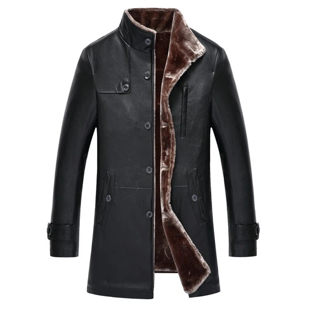 Men's Slim Fit Jackets Faux Fur Lined Warm Business Genuine Leather Stand Collar