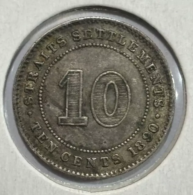 1890 Straits Settlements 10 Cents - Victoria 0.800 Silver Coin