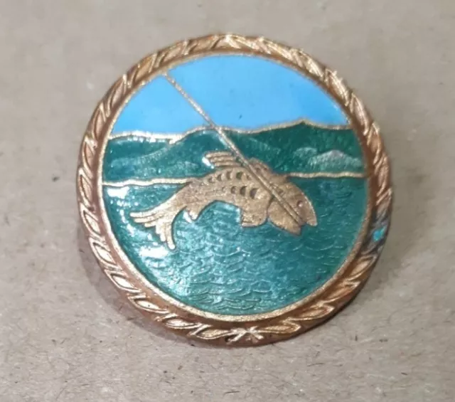 FISHING Vintage Enamel Pin Badge, Line Fishing, Good Quality Collectable c1970s