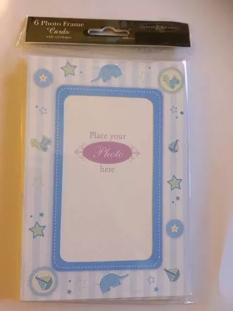 6 Photo Frame Cards & envelopes Little Boy Blue New Baby Birthday Christmas