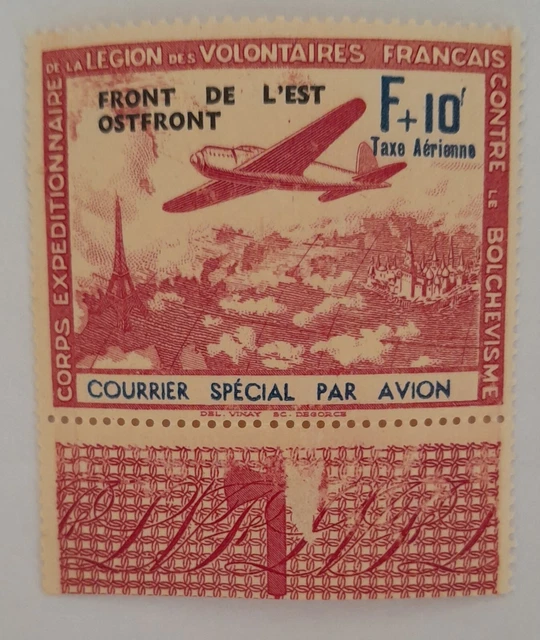 Timbre L V F n ° 5 neuf 1942, avec vignette. Courrier spécial par avion