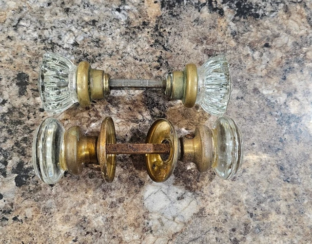 2 Sets Of Vintage Clear Glass Crystal  Door Knobs