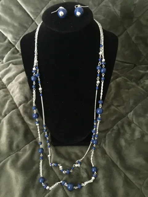 Women's Fashion Jewelry Necklace Blue 36 Inch Long with Earrings