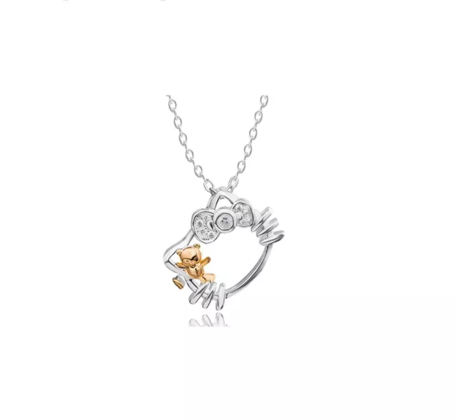 Big Silver Bow Hello Kitty Cat Pave Cubic Zirconia Kitten Pendant Necklace #