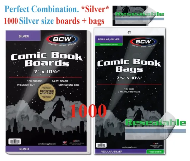 1000 BCW Silver Era Comic Book RESEALABLE Bags Sleeves + Back Boards 7 x 10 1/2"
