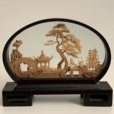 Vintage Chinese CORK CARVING ART DIORAMA Lacquer Case & Stand Cranes CHINA Paint