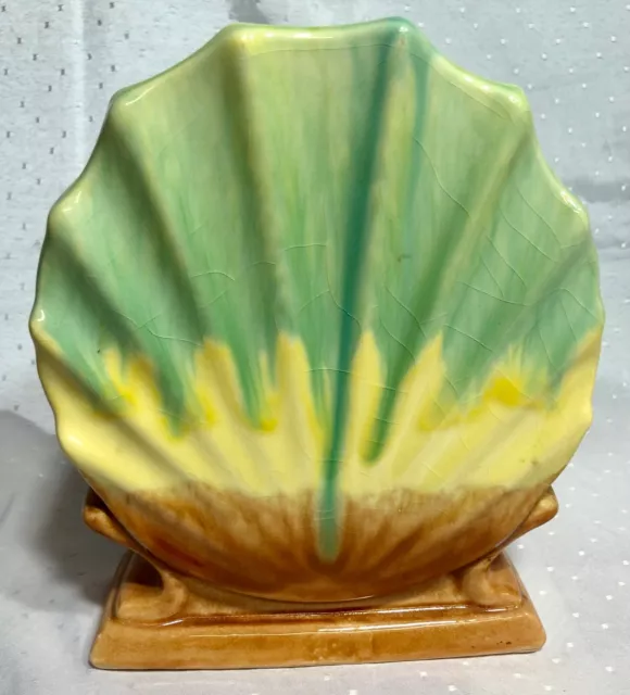 Vintage Australian Diana Vase- Green, Yellow, Brown, Scallop Shell - V-19