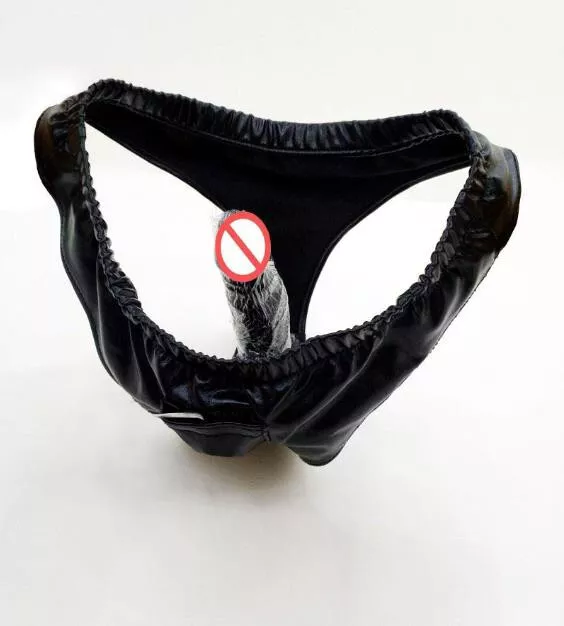 Panty Slip Shorts Tessuto WetLook PVC + Strap-On Dildo Nero Interno Fetish Slave