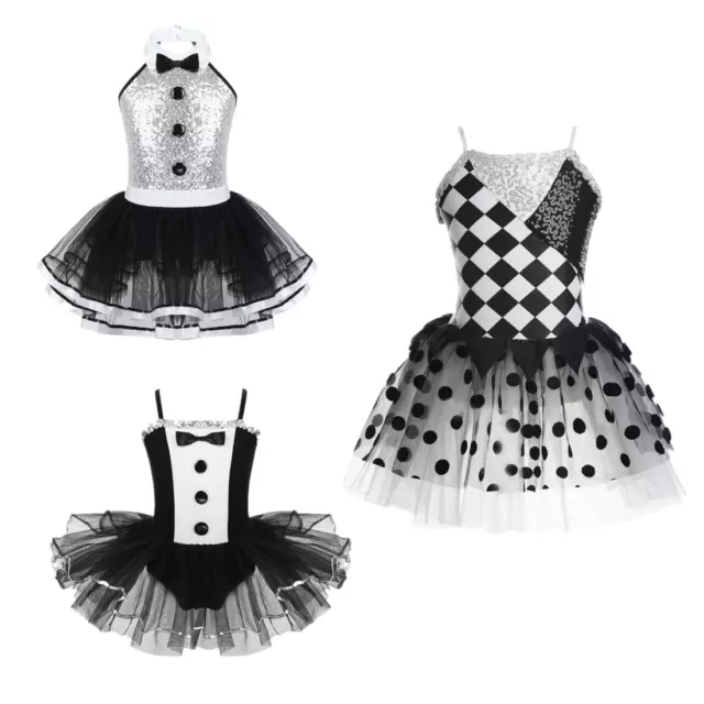 Kids Girls Ballet Dance Gymnastics Leotards Mesh Tutu Dress Sequins Jazz Costume