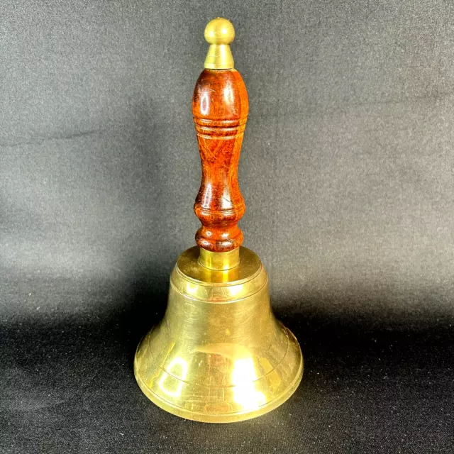 Vintage Polished Brass Wood Handle Teachers Hand Desk School Bell 8"