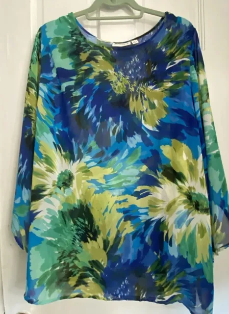 Susan Graver  Floral Long Sleeve Tunic Sheer Bell Sleeve Blouse Very Pretty XL