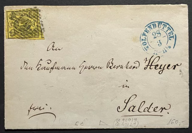 BRAUNSCHWEIG - 1 Silbergroschen (6c) - auf Briefstück nach WOLFENBÜTTEL (Blau)