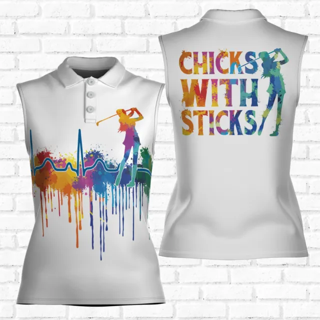 Watercolor Heart Beat, Chicks With Sticks 3D Women Sleeveless Polo Size XS-4XL