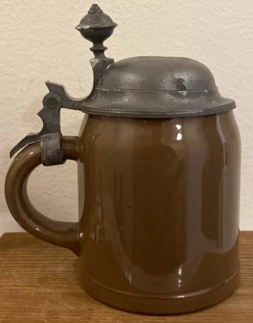 Antique 0.5 Lt. 1800's German Pottery Pewter Lidded Stein Mug Tankard