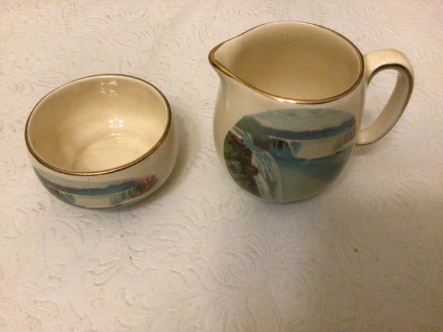 Vintage Royal Winton Grimwades Niagara Falls Mini Cream & Sugar Gold Rimmed