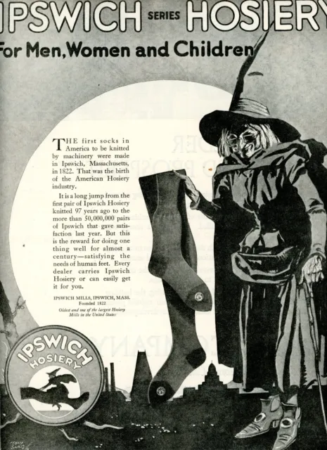 1919 Original IPSWICH HOSIERY Big Ad CLASSIC Old WITCH On Cane. Bony Hands. SARG