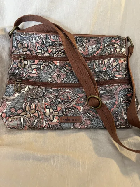 Sakroots Crossbody Purse Bag Whimsical Flowers Brown Teal Cream