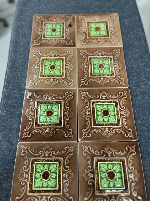 Set of 8 Victorian 6 inch/16cm glazed ceramic tiles