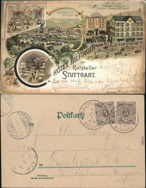 Stuttgart Litho Ak: Hotel Bilginger mit Ratkeller, Friedrichs Straße 21 1897