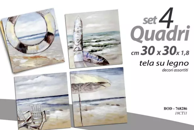 Set 4 Pz Quadro Tela Su Legno Moderno 30*30*1,8 Cm Arredamento Mare Bod-768286