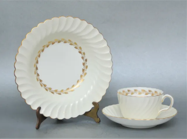 Unused 3 Piece Set Minton Cheviot Gold China Teacup Cup Saucer Rim Soup Bowl #5