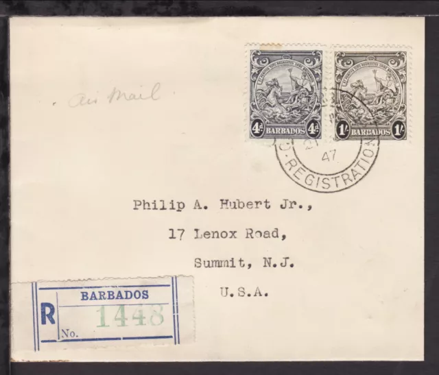 BARBADOS 1947 REGISTERED AIRMAIL COVER 1s & 4d Colony Badge Stamps SUMMIT NJ USA