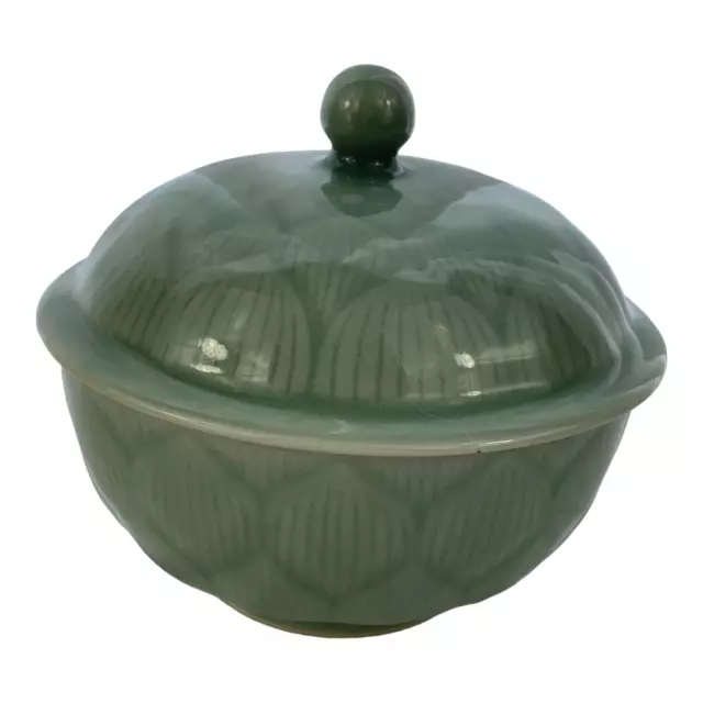 Longquan Celadon Green Bowl with Lid Lidded Lotus Flower Floral 5.5 inches wide