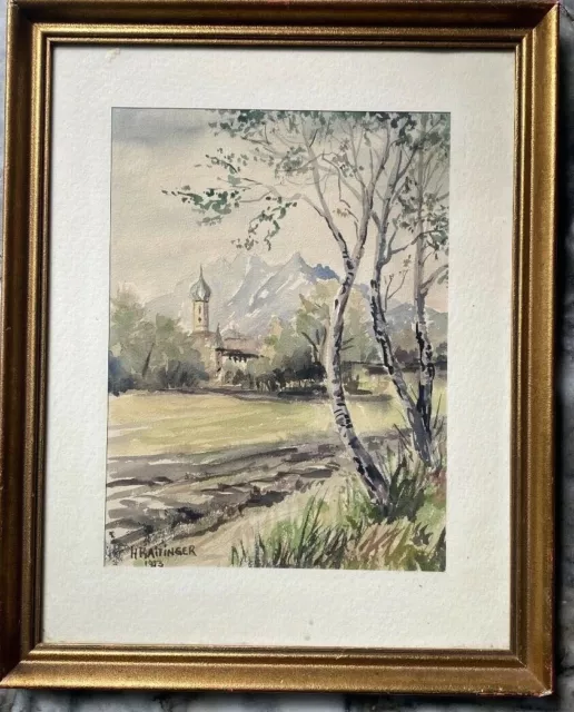 Watercolour Birch Field Edge Church Village Landscape Signed H.Raitinger 1933