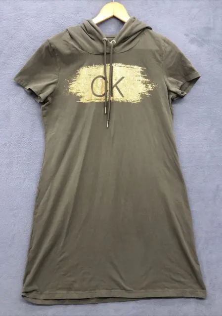 Calvin Klein Women's Hoodie Dress Size Large Army Green Gold Logo Spell Out