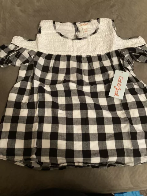 Cat & Jack Girls Top Sz M 7 / 8 Black White Gingham Check Cold Shoulder