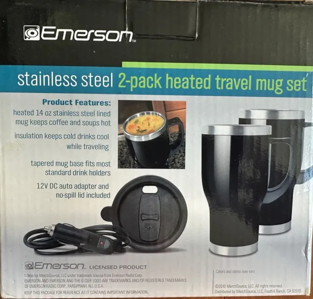Emerson Heated 2 Pack Travel Mug Set, Stainless Steel, 14 Oz. 12V Adapter (NEW)