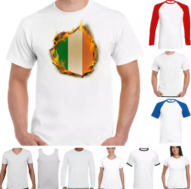Irlanda T-Shirt Uomo Rugby Calcio Bandiera Fiamme Irish Tricolore San Patrizio