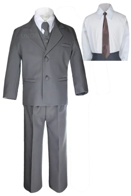 New 6pc Boys Toddler Kid Formal Wedding Tuxedo Dark Gray Suits Necktie Set S-7
