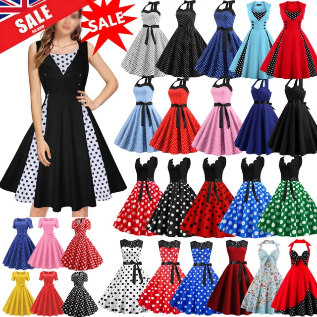 UK Retro Womens Polka Dot Swing Dress 50s 60s Rockabilly Cocktail Eveining Party