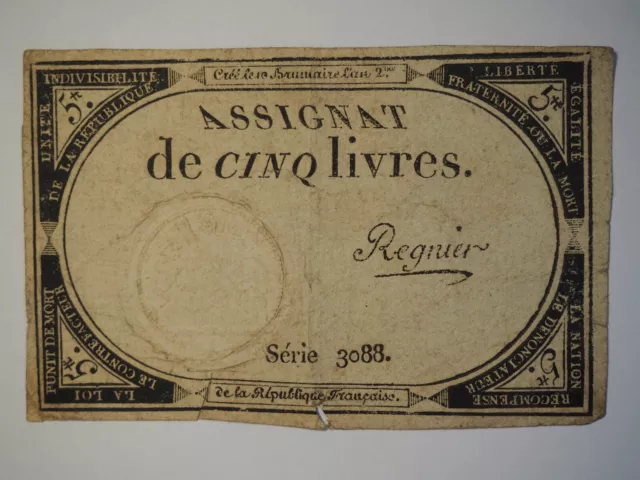 Numismatique France. ASSIGNAT de CINQ LIVRES 10 Brumaire An 2 série 3088 REGNIER