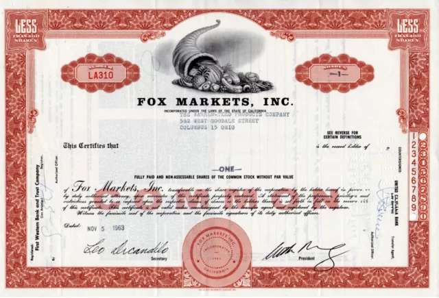 Fox Markets, Inc. Stock Certificate Less Than 100 Shares