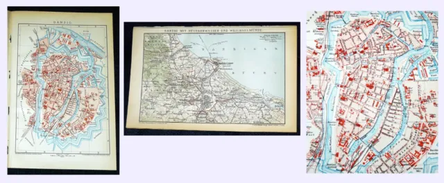 DANZIG Stadtplan & Stadtumgebungsplan Landkarte 2 Lithographien  von 1894 – 130