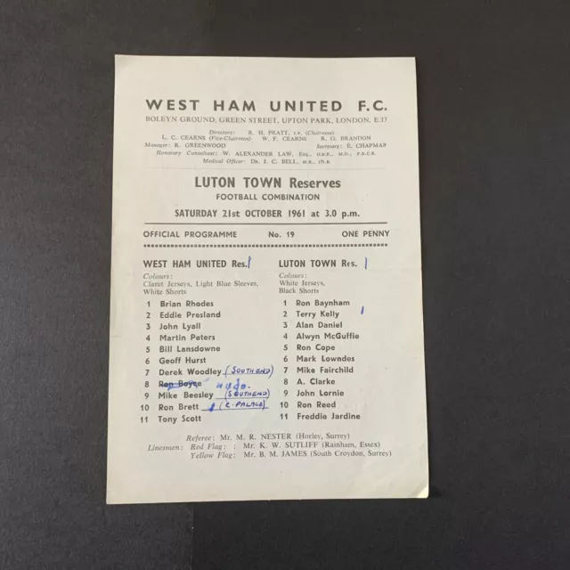 1961 West Ham United V Luton Town Reserves