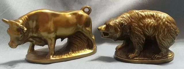 Wall Street themed Bull & Bear metal figures, bronze painted, 5"x1.5"X2"