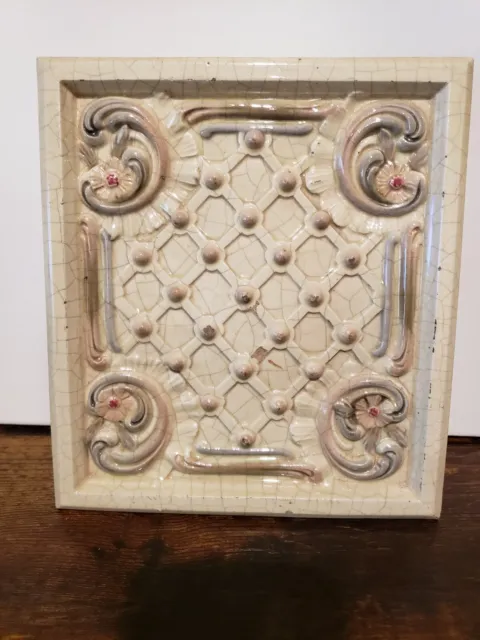 vintage Italian Ceramic Fireplace Mantle Tile cream with flowers